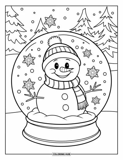 Coloriage de bonhomme de neige pour enfants : Un bonhomme de neige douillet dans une boule à neige sourit pendant que des flocons tourbillonnent autour de lui, avec des arbres en arrière-plan