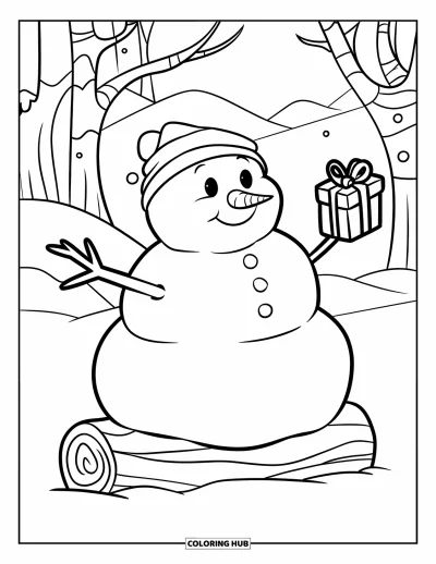 Coloriage de bonhomme de neige pour enfants : Un bonhomme de neige confortable avec un chapeau d’hiver tient un petit cadeau, assis sur une bûche avec des montagnes en arrière-plan