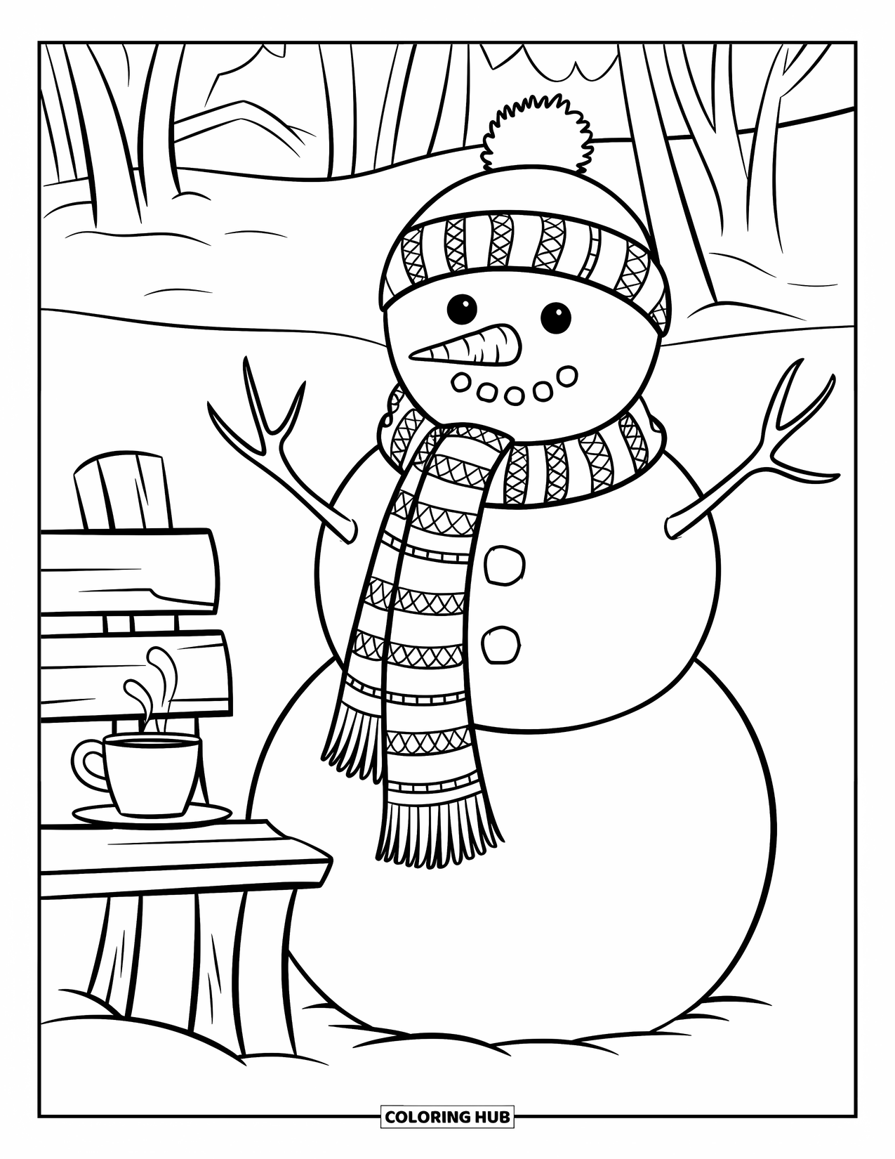Desenho de boneco de neve para colorir para crianças: Um boneco de neve aconchegante com um cachecol fica perto de um banco de madeira, onde uma bebida quente solta vapor no frio