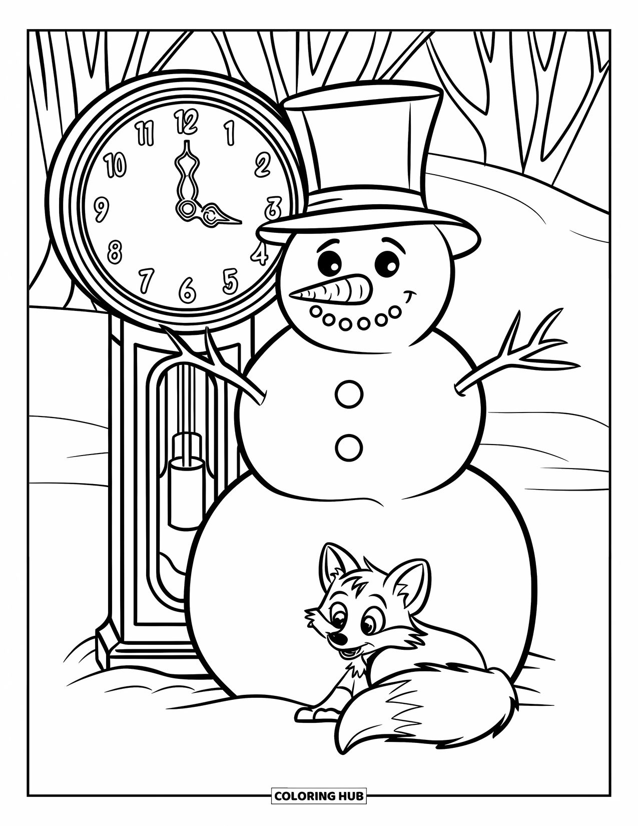 Desenho de boneco de neve para colorir para crianças: Um boneco de neve aconchegante com uma cartola fica perto de um relógio vintage, enquanto uma raposa espera pela primeira nevasca