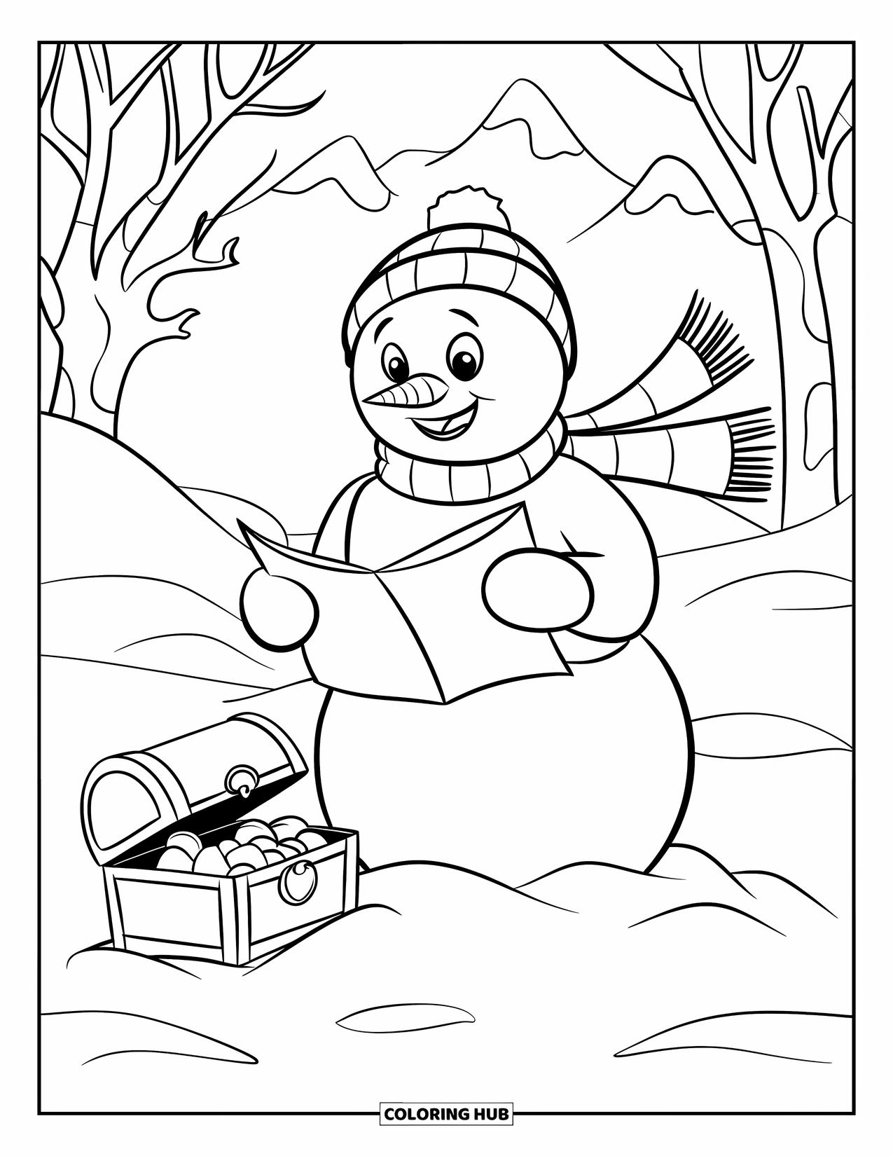 Desenho de Boneco de Neve para Crianças: Um boneco de neve curioso com um mapa fica perto de um baú de tesouro, cercado por árvores e montanhas