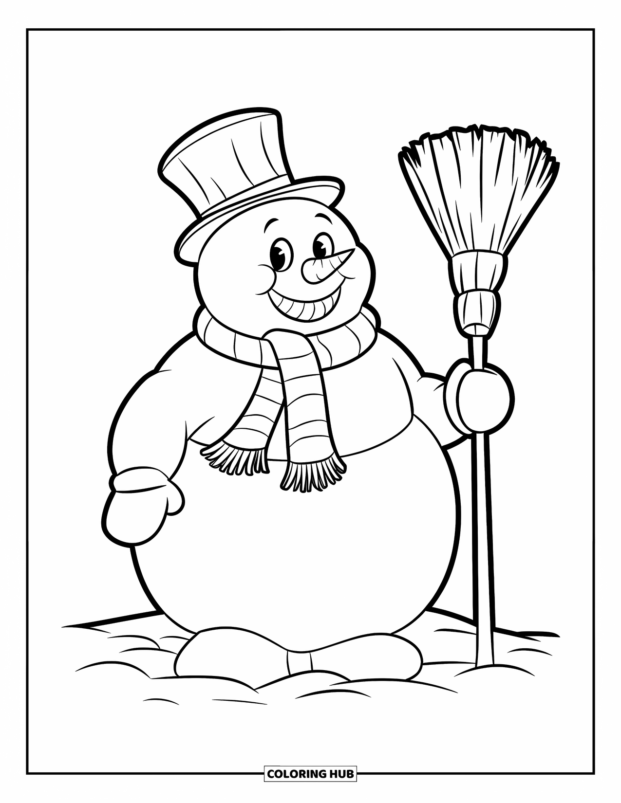 Desenho de Boneco de Neve para Crianças: Um boneco de neve amigável de cartola e cachecol fica em um terreno nevado, segurando uma vassoura em uma mão