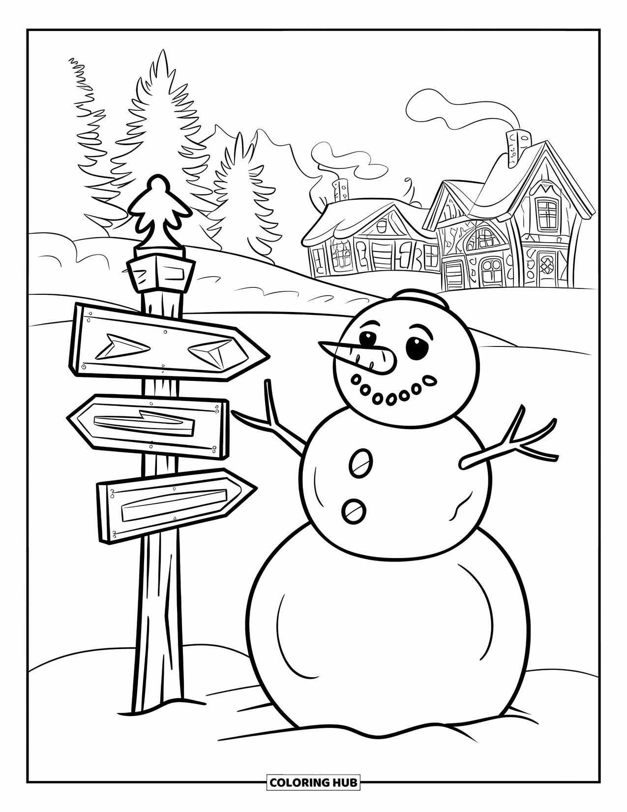 Desenho de boneco de neve para colorir para crianças: Um boneco de neve amigável fica perto de uma placa de madeira apontando para uma vila nevada à distância