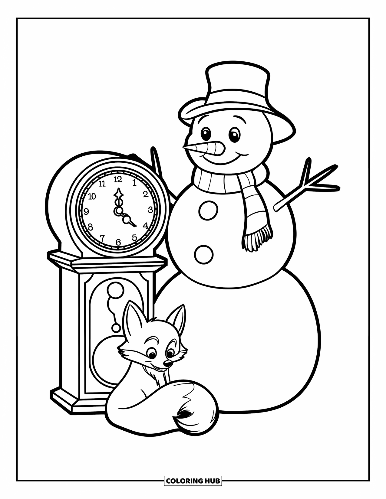 Desenho de boneco de neve para colorir para crianças: Um boneco de neve amigável observa um relógio antigo, enquanto uma pequena raposa se enrola ao lado dele na neve