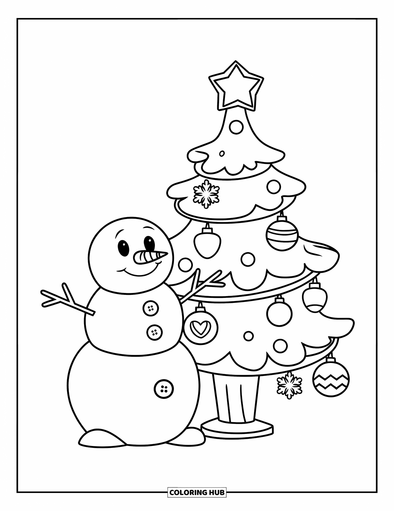 Desenho de Boneco de Neve para Crianças: Um boneco de neve amigável com barriga abotoada fica ao lado de uma árvore decorada com um enfeite de coração e floco de neve