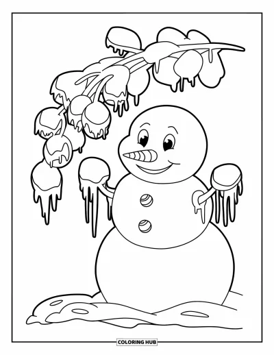 Coloriage de bonhomme de neige pour enfants : Un bonhomme de neige givré avec des glaçons sur ses bras se tient à côté d’une grappe de baies d’hiver couvertes de givre