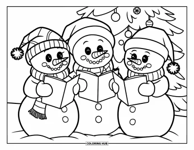 Coloriage de bonhomme de neige pour enfants : Un groupe de bonhommes de neige joyeux chantent des chants de Noël à côté d’un arbre décoré, emmitouflés dans des chapeaux et des écharpes
