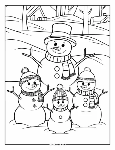 Coloriage de bonhomme de neige pour enfants : Un groupe de trois bonhommes de neige, chacun dans une tenue d’hiver confortable, se tient dans un champ enneigé avec des arbres derrière eux