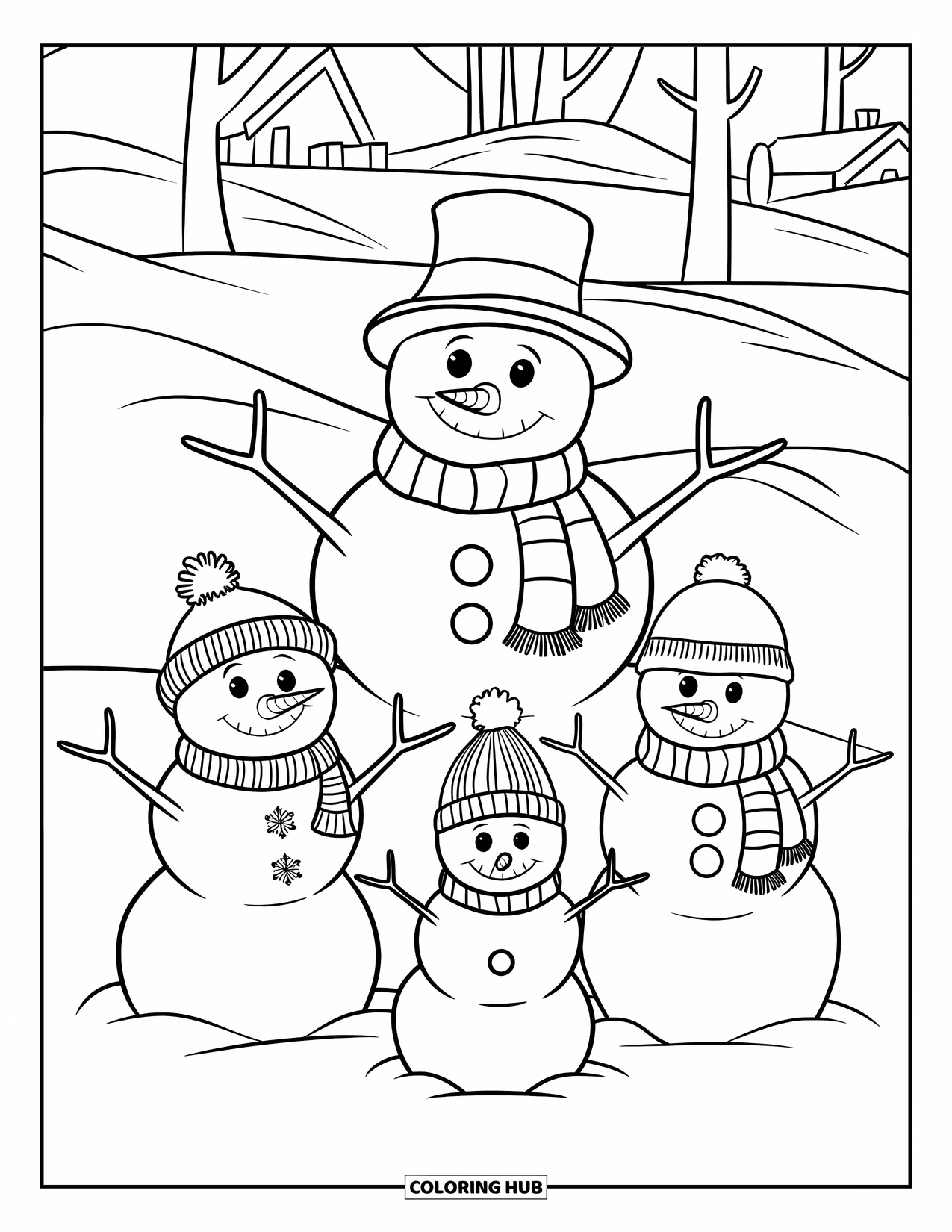 Desenho de boneco de neve para colorir para crianças: Um grupo de três bonecos de neve, cada um com uma roupa de inverno aconchegante, fica em um campo nevado com árvores atrás deles