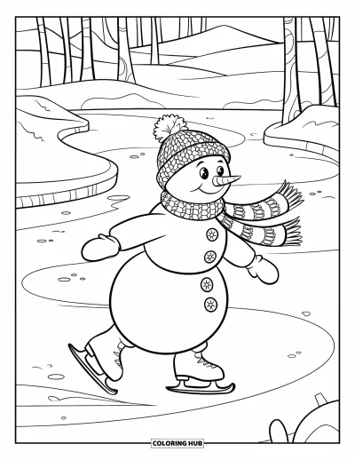 Coloriage de bonhomme de neige pour enfants : Un bonhomme de neige heureux avec un bonnet et une écharpe tourbillonne sur la glace, entouré d’arbres et de montagnes enneigés