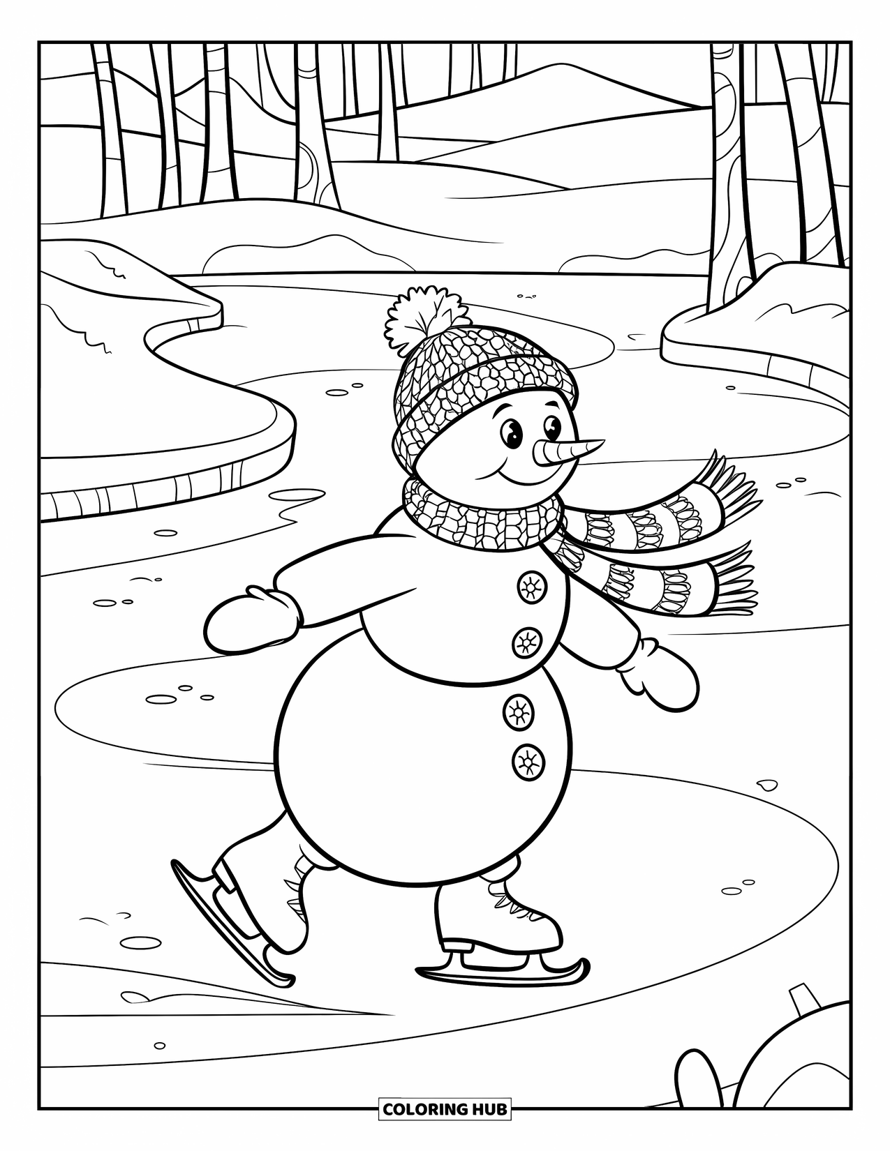 Desenho de Boneco de Neve para Crianças: Um boneco de neve feliz com um gorro e cachecol gira no gelo, cercado por árvores e montanhas nevadas