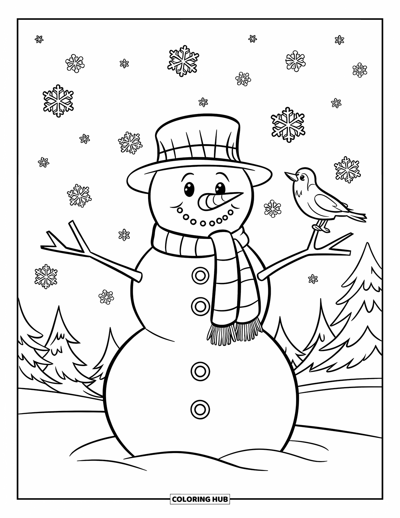 Desenho de boneco de neve para colorir para crianças: Um boneco de neve feliz com um cachecol aconchegante fica na neve, com um pequeno pássaro empoleirado em seu braço