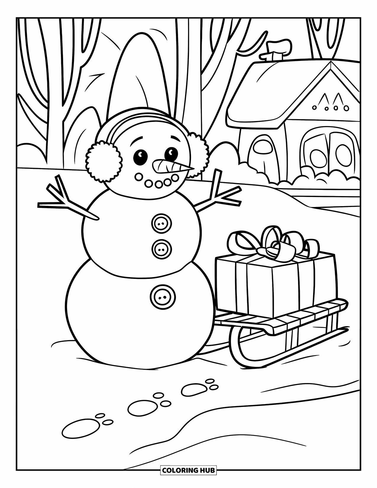 Desenho de boneco de neve para colorir para crianças: Um boneco de neve feliz com protetores de ouvido fica perto de um trenó cheio de presentes, com uma casa aconchegante ao fundo