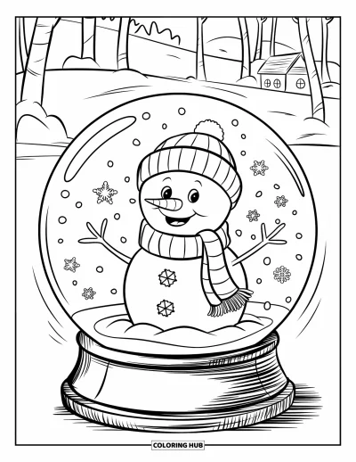 Coloriage de bonhomme de neige pour enfants : Un bonhomme de neige heureux à l’intérieur d’une boule à neige se tient sur une base en bois, entouré d’un paysage enneigé