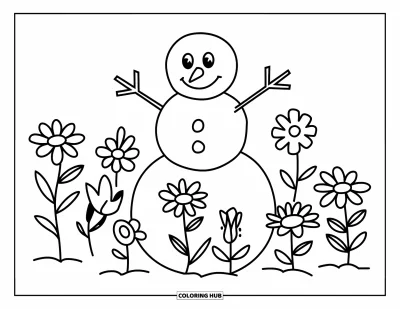 Coloriage de bonhomme de neige pour enfants : Un joyeux bonhomme de neige lève les bras, entouré de fleurs aux tiges incurvées et aux pétales délicats