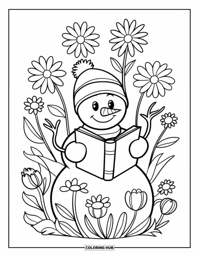 Coloriage de bonhomme de neige pour enfants : Un bonhomme de neige heureux lit un livre parmi les fleurs d’hiver en fleurs dans un cadre paisible