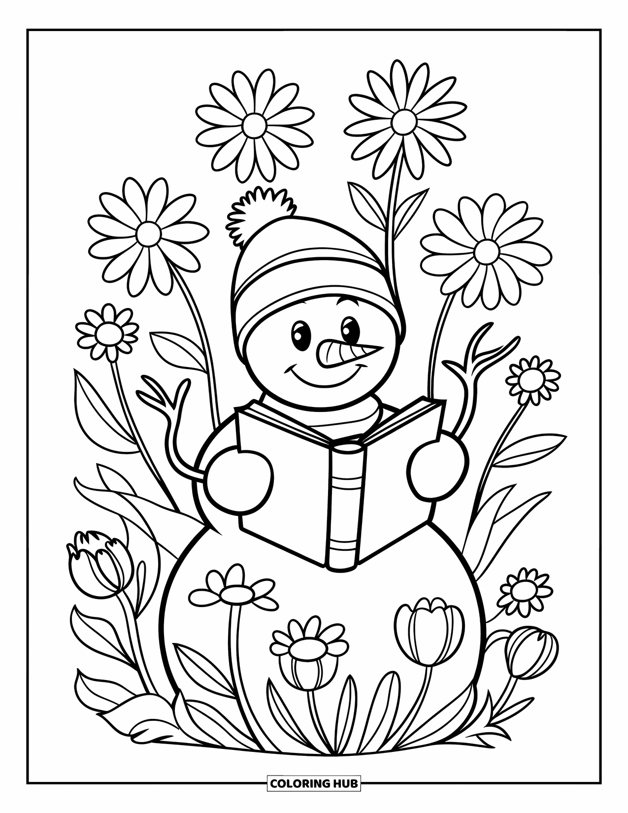 Desenho de Boneco de Neve para Crianças: Um boneco de neve feliz lê um livro entre flores de inverno florescendo em um ambiente tranquilo