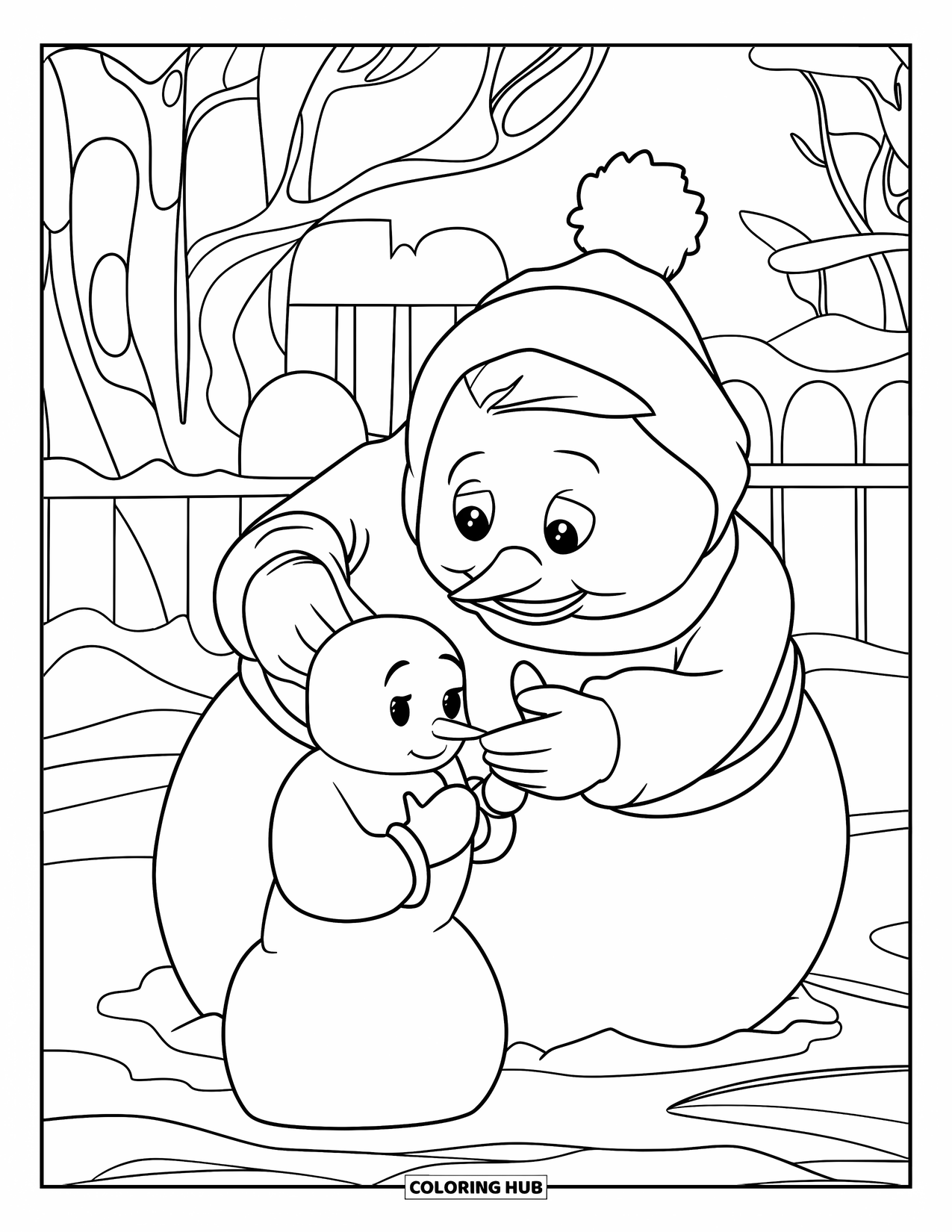 Desenho de Boneco de Neve para Crianças: Um boneco de neve feliz molda uma pequena figura de neve ao lado dele, com árvores e uma cerca ao fundo