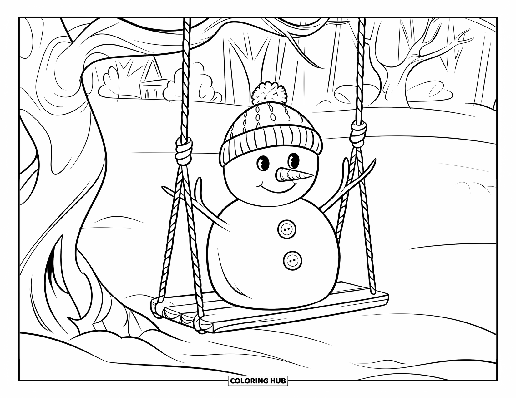 Desenho de Boneco de Neve para Crianças: Um boneco de neve feliz senta-se em um balanço de madeira, balançando suavemente de uma árvore velha com galhos retorcidos