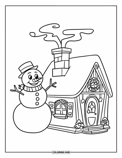 Coloriage de bonhomme de neige pour enfants : Un bonhomme de neige heureux fait signe à côté d’une petite maison décorée avec de la fumée qui s’élève de la cheminée