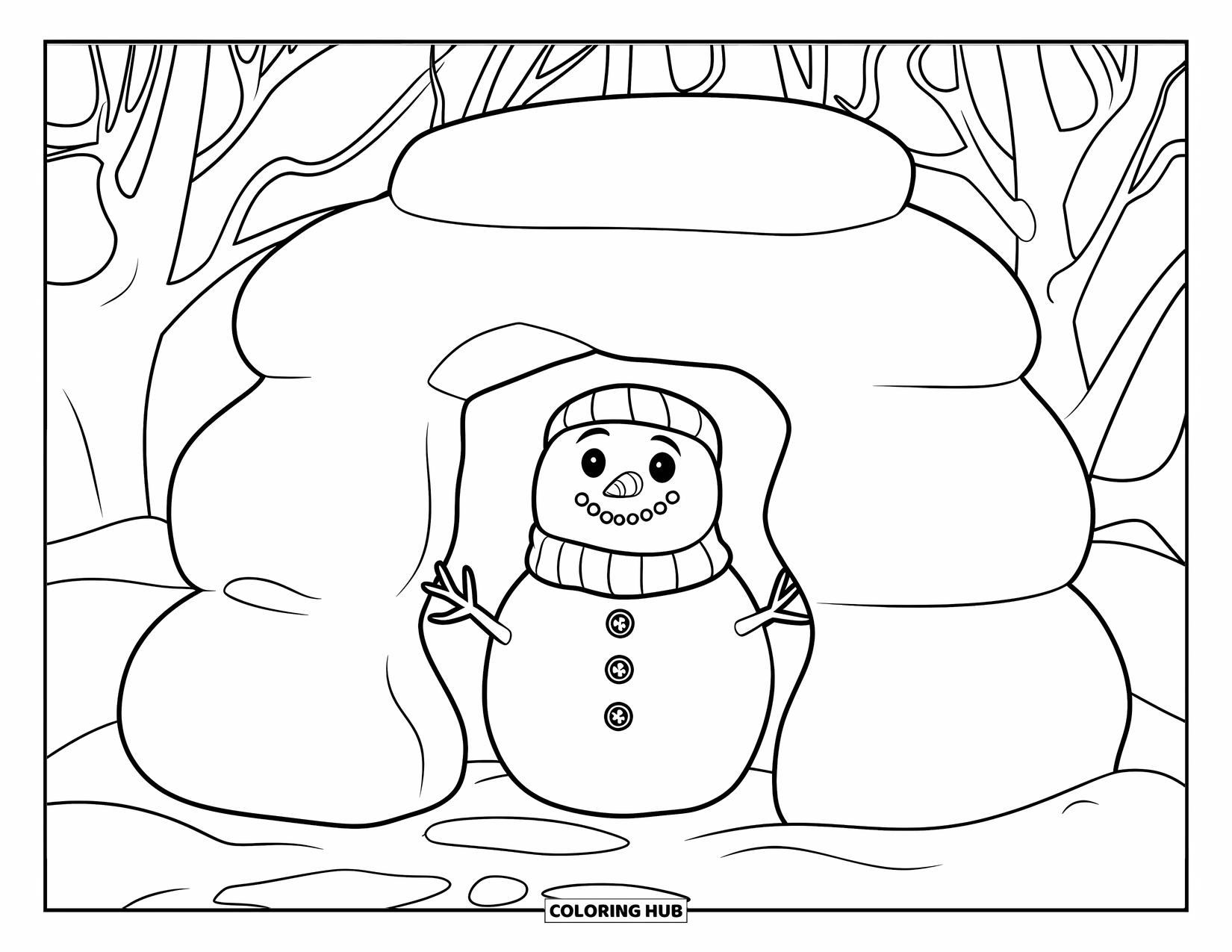 Desenho de boneco de neve para colorir para crianças: Um boneco de neve feliz com um casaco abotoado fica em um forte de neve, com árvores e um caminho nevado por perto