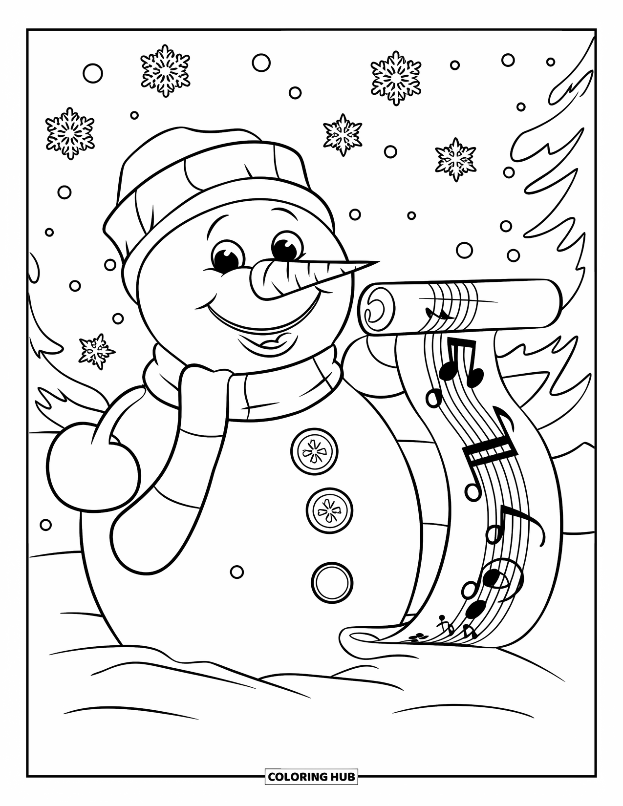 Desenho de Boneco de Neve para Crianças: Um boneco de neve feliz com nariz de cenoura e olhos de botão segura um pergaminho de notas musicais na neve