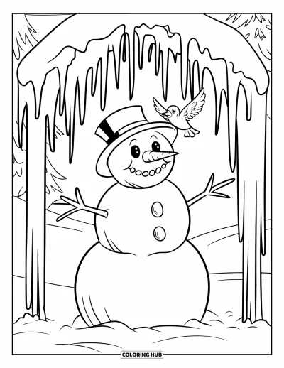 Coloriage de bonhomme de neige pour enfants : Un joyeux bonhomme de neige avec un nez en carotte se tient sous des glaçons, souriant alors qu’un petit oiseau se pose sur son chapeau