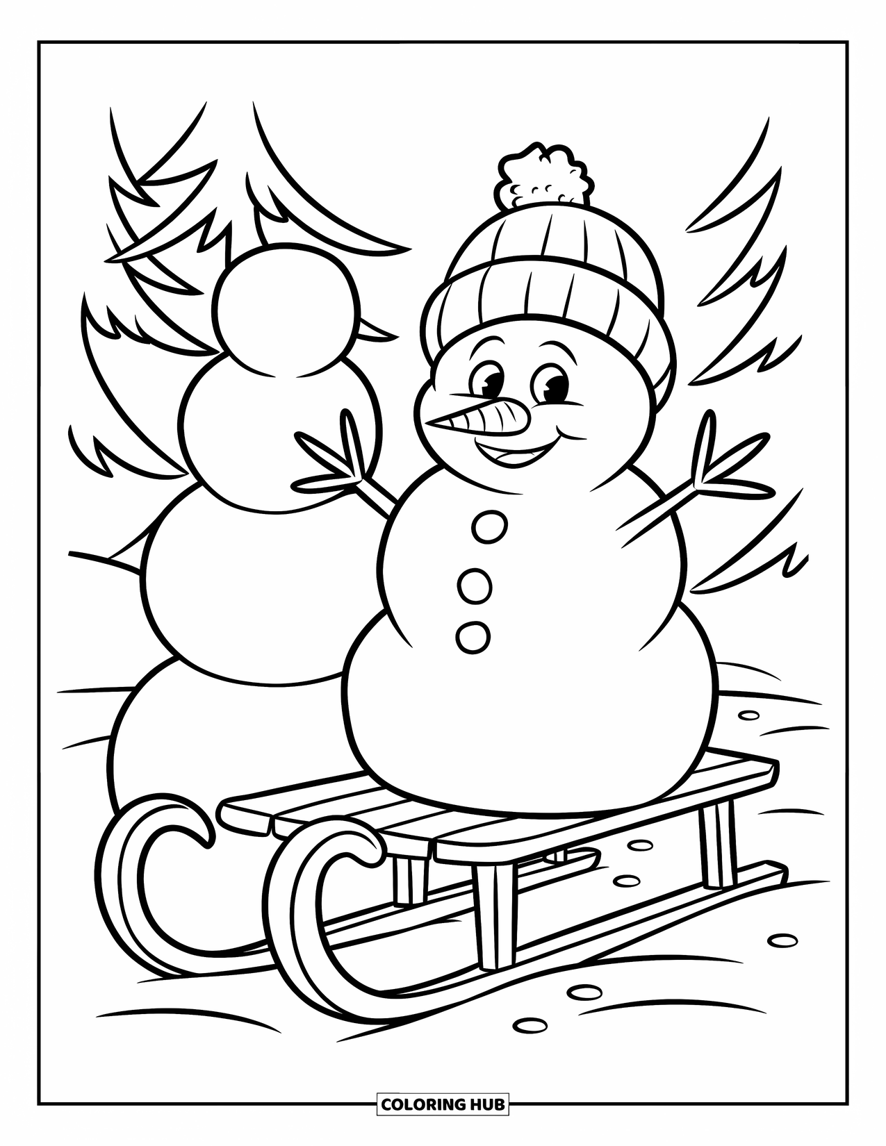 Desenho de boneco de neve para colorir para crianças: Um boneco de neve feliz com um sorriso brincalhão senta-se em um trenó de madeira, com bolas de neve empilhadas por perto