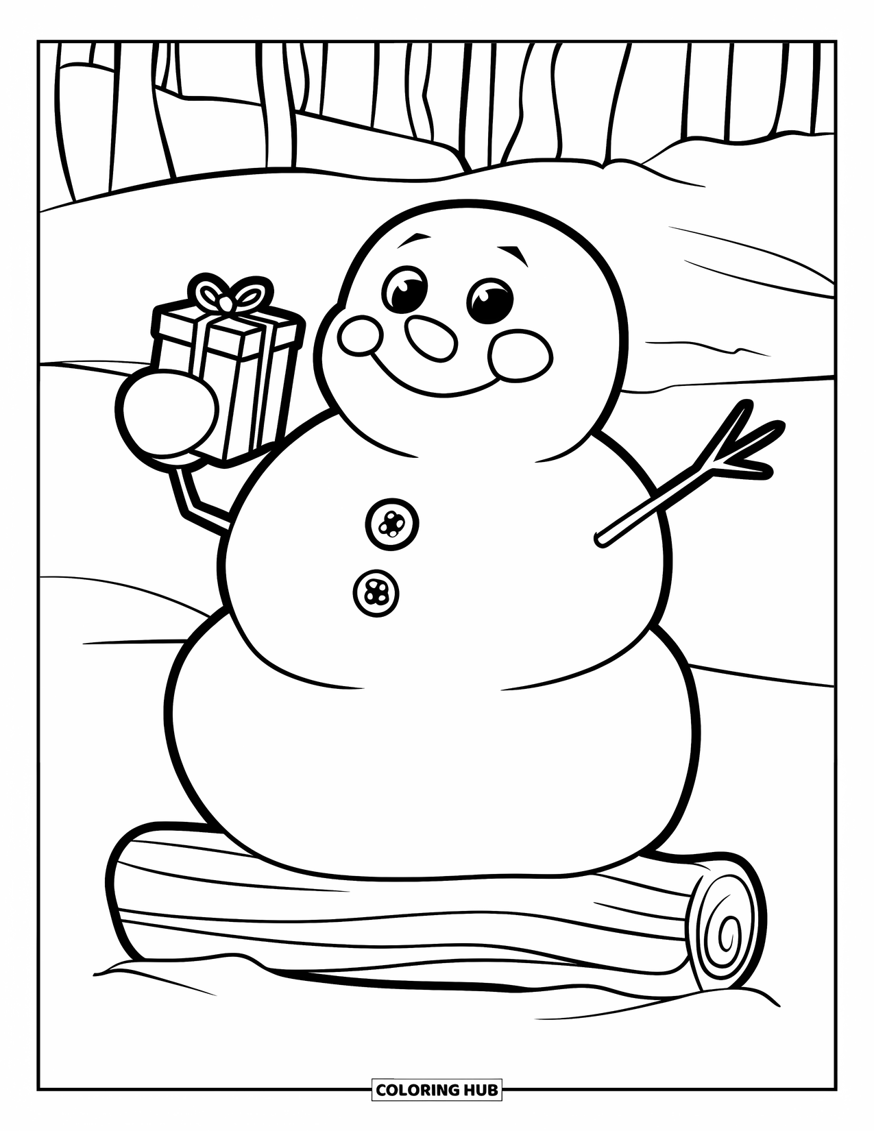 Desenho de boneco de neve para colorir para crianças: Um boneco de neve feliz com um pequeno presente senta-se em um tronco, apreciando a paisagem nevada e tranquila