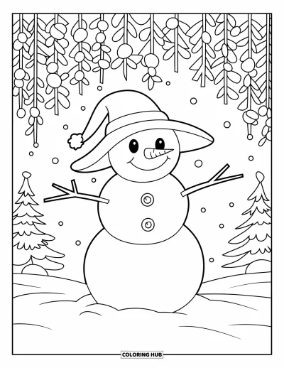 Coloriage de bonhomme de neige pour enfants : Un joyeux bonhomme de neige avec des yeux en boutons et un nez en carotte se tient sous des baies d’hiver, entouré d’arbres enneigés
