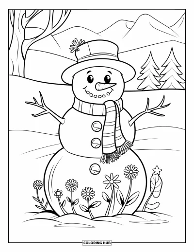 Coloriage de bonhomme de neige pour enfants : Un joyeux bonhomme de neige avec des bras en brindilles et une écharpe confortable se tient près de fleurs délicates dans un paysage enneigé