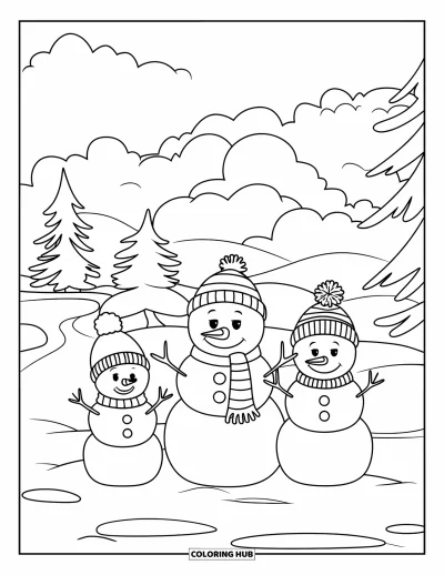 Coloriage de bonhomme de neige pour enfants : Un trio heureux de bonhommes de neige avec des écharpes et des chapeaux colorés se tiennent sur un chemin enneigé, entourés d’arbres
