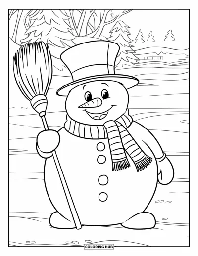 Coloriage de bonhomme de neige pour enfants : Un bonhomme de neige jovial avec un haut-de-forme et une écharpe tient un balai, avec des arbres enneigés et un bâtiment distant derrière