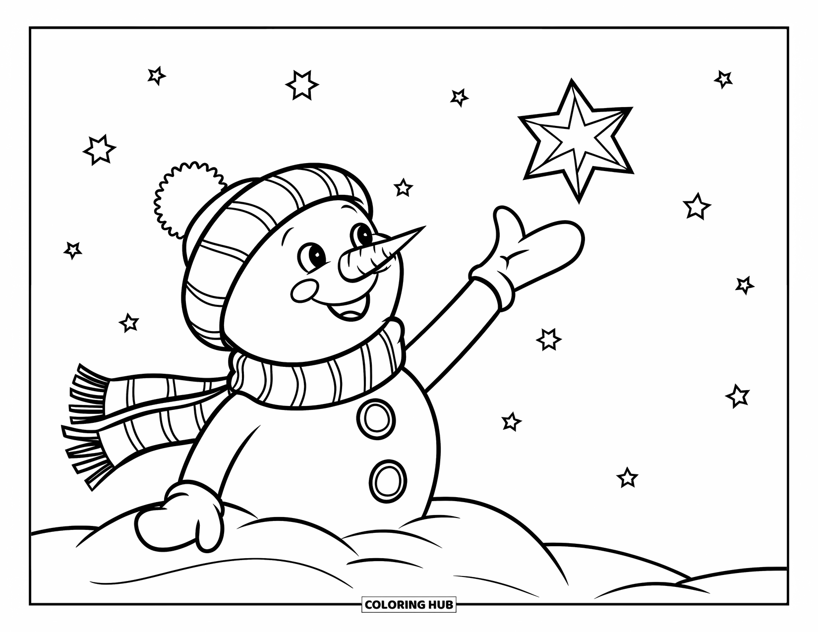 Desenho de boneco de neve para colorir para crianças: Um boneco de neve alegre com um cachecol alcança uma estrela cadente em um céu noturno claro com estrelas espalhadas