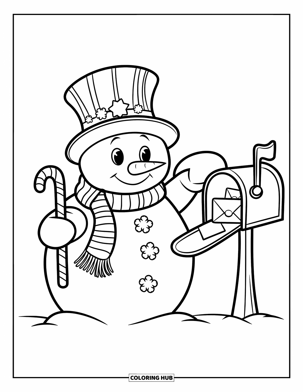 Desenho de Boneco de Neve para Crianças: Um boneco de neve alegre de cartola e cachecol verifica uma caixa de correio cheia de cartas em um dia de neve