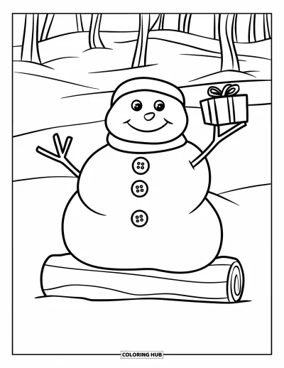 Coloriage de bonhomme de neige pour enfants : Un bonhomme de neige joyeux se repose sur une bûche, tenant un petit cadeau emballé, entouré d’arbres enneigés