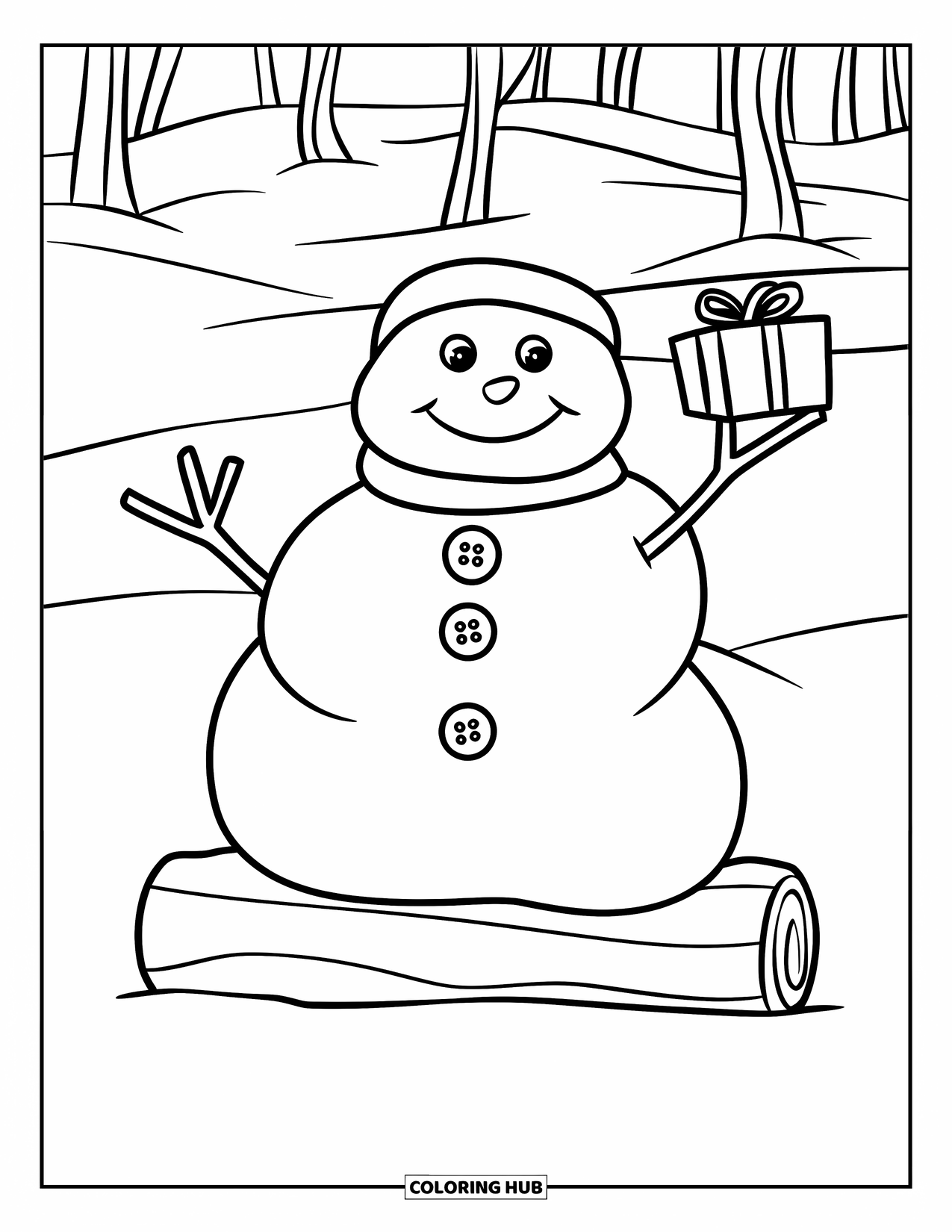 Desenho de Boneco de Neve para Crianças: Um boneco de neve alegre descansa em um tronco, segurando um pequeno presente embrulhado, cercado por árvores nevadas