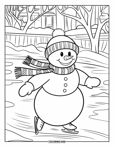 Coloriage de bonhomme de neige pour enfants : Un bonhomme de neige joyeux patine sur un étang, entouré d’arbres dénudés et d’une maison douillette au loin