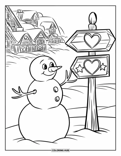 Coloriage de bonhomme de neige pour enfants : Un bonhomme de neige joyeux se tient à côté d’un poteau indicateur décoré, dirigeant les voyageurs vers un village enneigé
