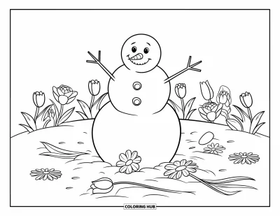 Coloriage de bonhomme de neige pour enfants : Un bonhomme de neige joyeux se tient entouré de tulipes, de roses et de marguerites, créant une charmante scène hivernale
