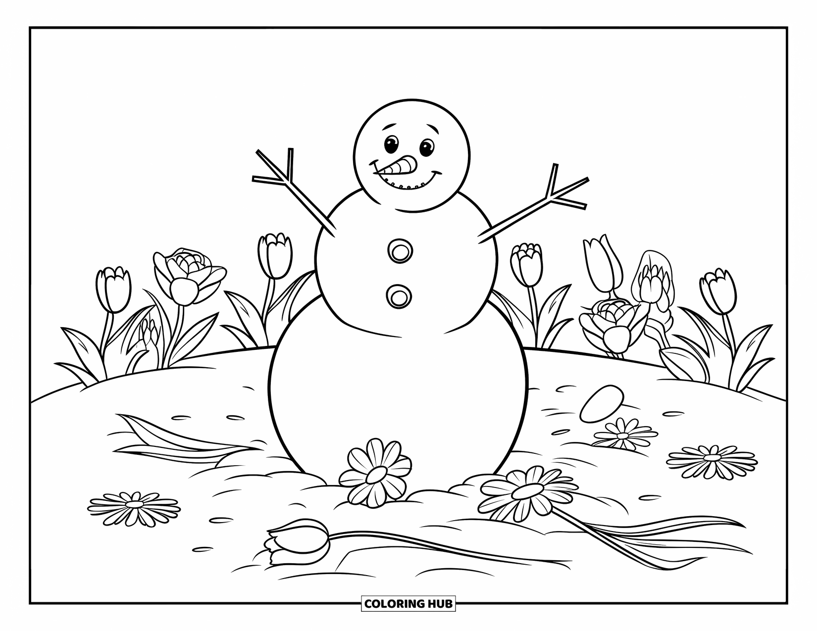 Desenho de boneco de neve para colorir para crianças: Um boneco de neve alegre fica cercado por tulipas, rosas e margaridas, criando uma cena de inverno encantadora