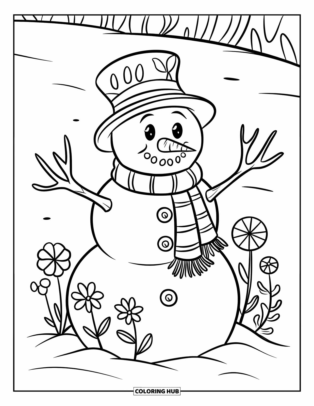 Desenho de Boneco de Neve para Crianças: Um boneco de neve alegre com braços de graveto e um cachecol quente fica na neve, cercado por pequenas flores