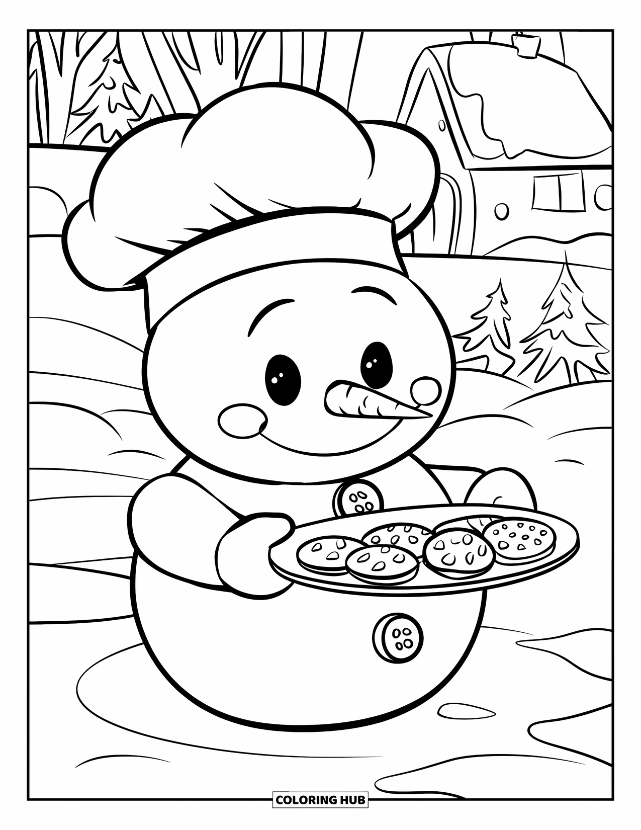 Desenho de Boneco de Neve para Crianças: Um pequeno boneco de neve com um chapéu de chef segura orgulhosamente uma bandeja de biscoitos, em pé em uma paisagem nevada