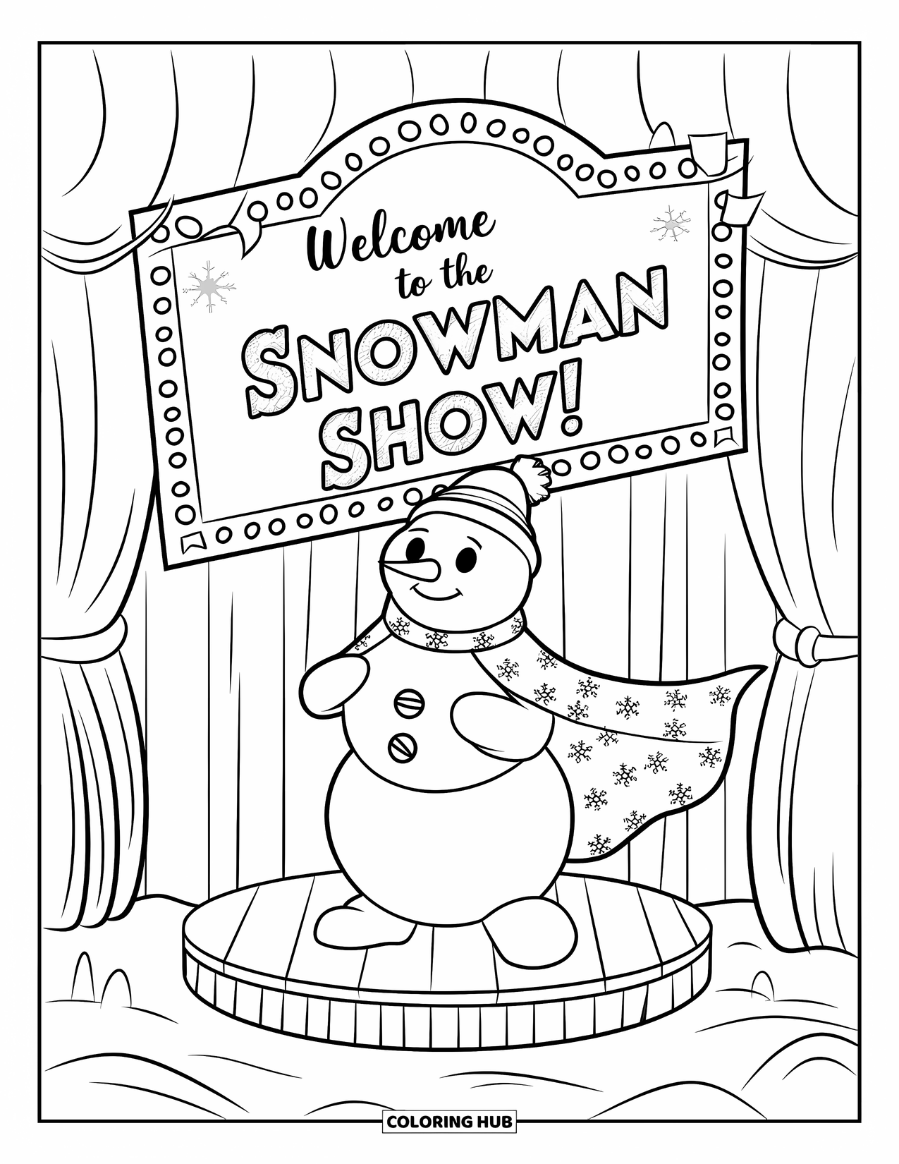 Desenho de boneco de neve para colorir para crianças: Um boneco de neve animado se apresenta no palco, com um cenário festivo escrito "Bem-vindo ao Show do Boneco de Neve!"