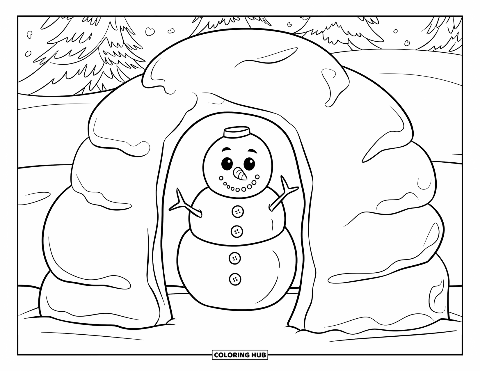Desenho de Boneco de Neve para Crianças: Um boneco de neve brincalhão com um casaco abotoado fica dentro de um pequeno forte de neve, cercado por paredes de neve redondas