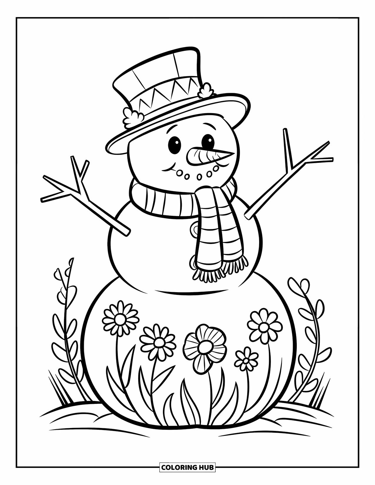 Desenho de boneco de neve para colorir para crianças: Um boneco de neve brincalhão com um chapéu e cachecol festivos fica em um chão nevado, com flores florescendo por perto