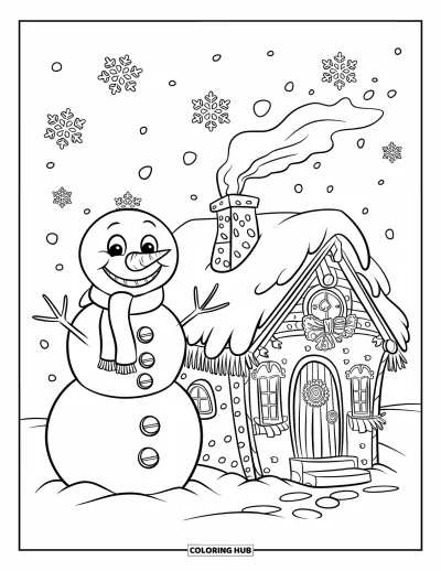 Coloriage de bonhomme de neige pour enfants : Un bonhomme de neige enjoué avec une écharpe se tient à côté d’une charmante maison, avec des flocons de neige dérivant dans le ciel