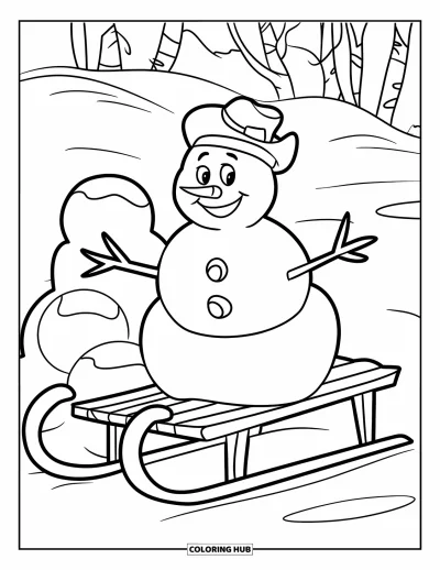 Coloriage de bonhomme de neige pour enfants : Un bonhomme de neige enjoué est assis sur un traîneau en bois, prêt à s’amuser, avec une pile de boules de neige à côté