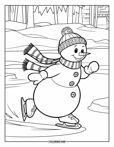 Coloriage de bonhomme de neige pour enfants : Un bonhomme de neige enjoué patine sur un étang gelé, portant un bonnet et une longue écharpe traînant derrière