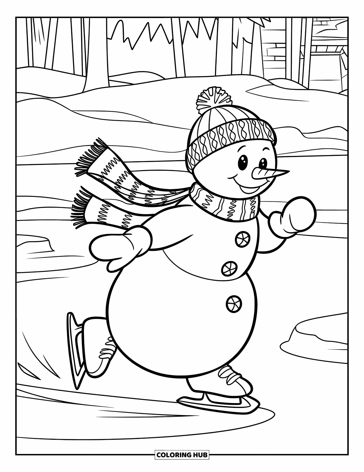 Desenho de Boneco de Neve para Crianças: Um boneco de neve brincalhão patina em um lago congelado, usando um gorro e um longo cachecol se arrastando atrás